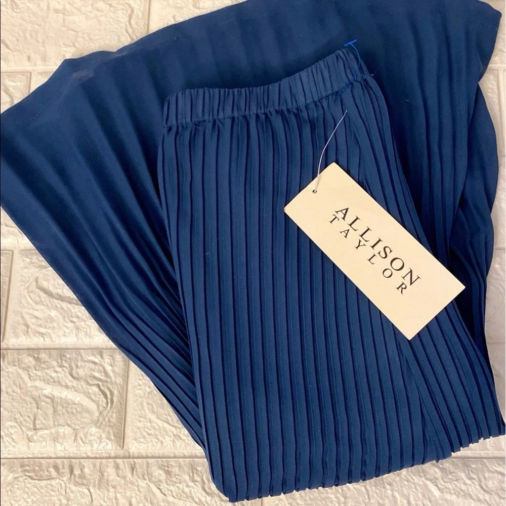 Allison Taylor Pleated Midi Skirt Indigo Blue Size Small